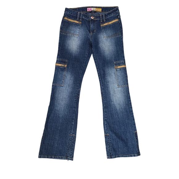 VTG Y2K Old Skool Cargo Jeans Womens 9 10 Blue Denim Boot Cut Low Rise Skater - Picture 1 of 12